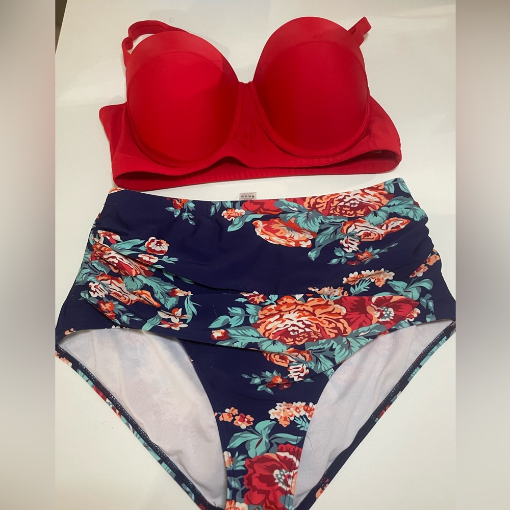 Red Bikini Top and Floral High-Waisted Bottoms